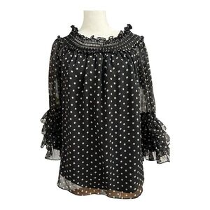 Express Black Polka Dot Off Shoulder Ruffle Top Size Large Sheer Sleeves Chiffon